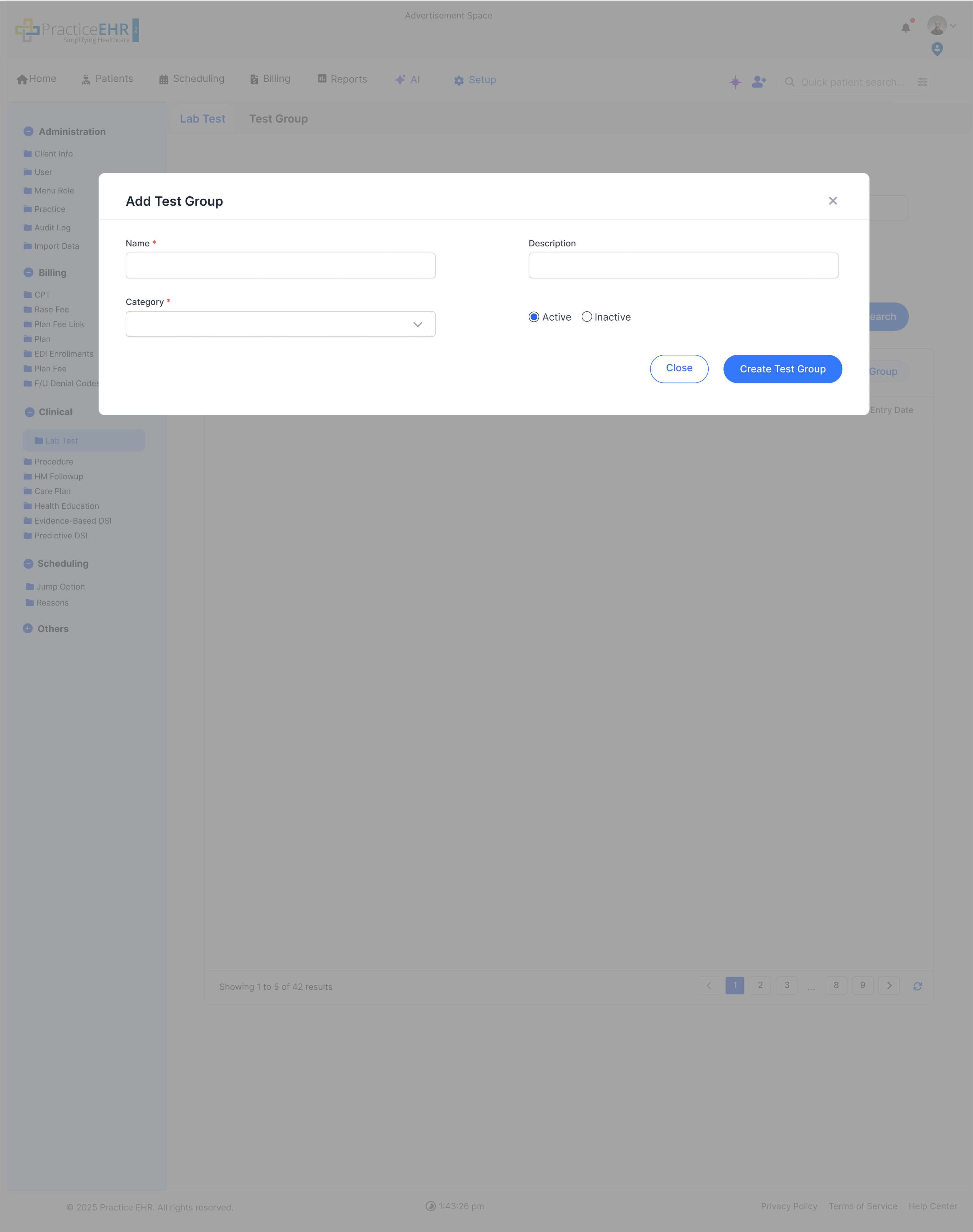 Create test group screen